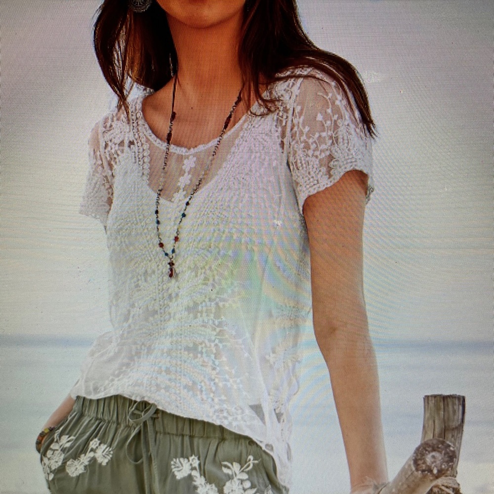 Sundance White Lace Crochet Short Sleeve Camisole